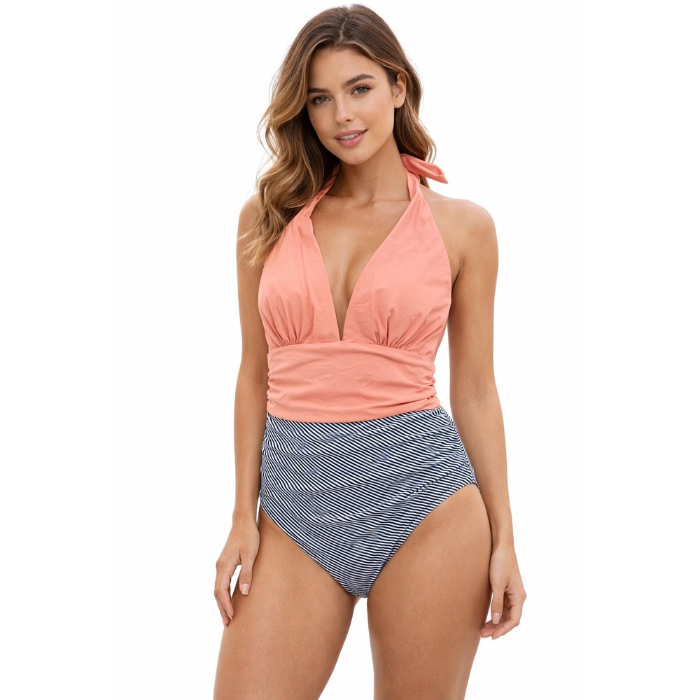 CUPSHE Coral‎ & Black Stripe Halter One-Piece Swimsuit | NWT - SIZE M